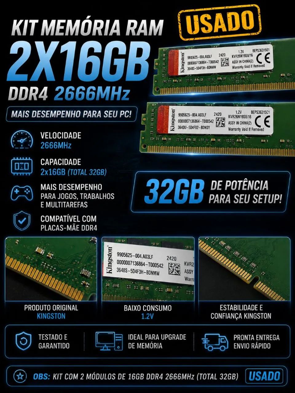 MEMÓRIA RAM DDR4 DE 8GB E 16GB PC (USADO)