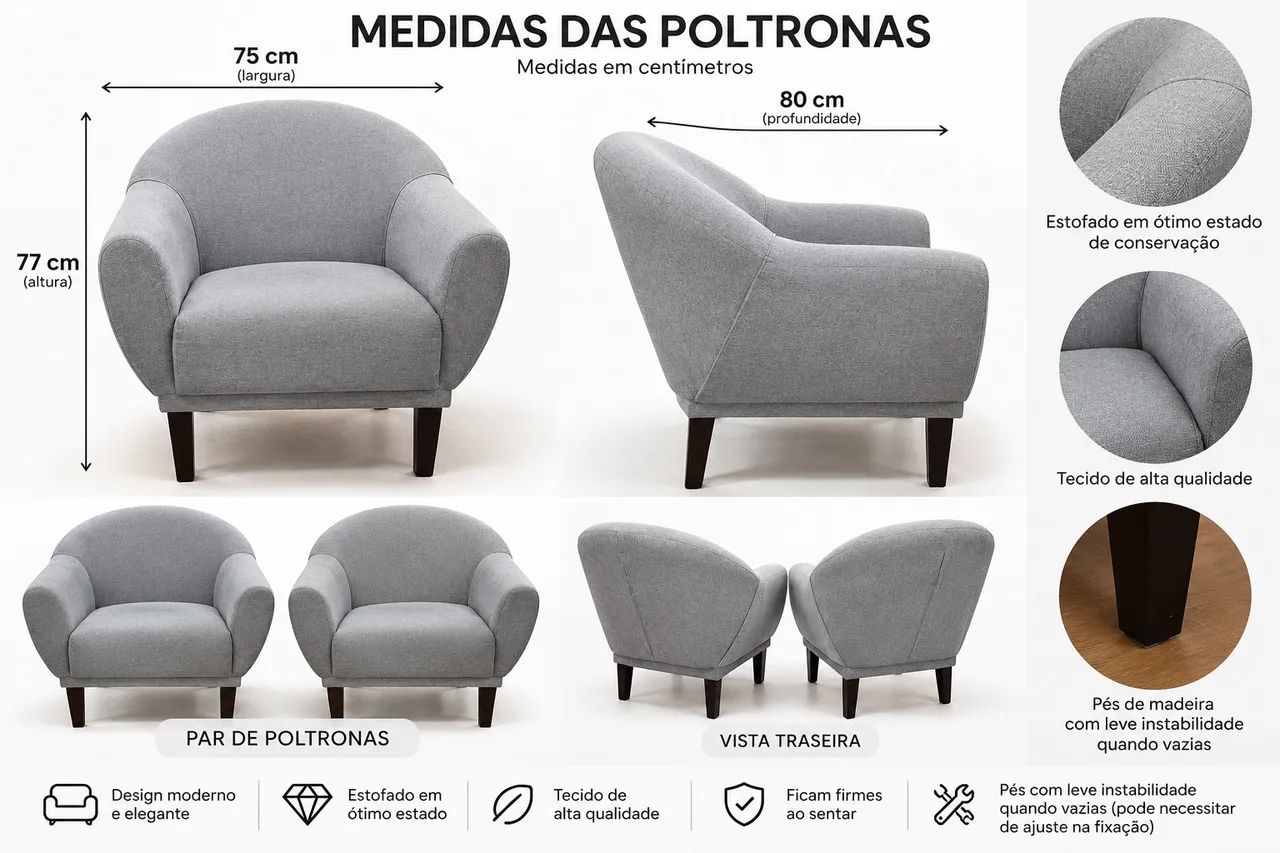 Par de Poltronas Cinza - Modernas e Confortáveis - Foto 3