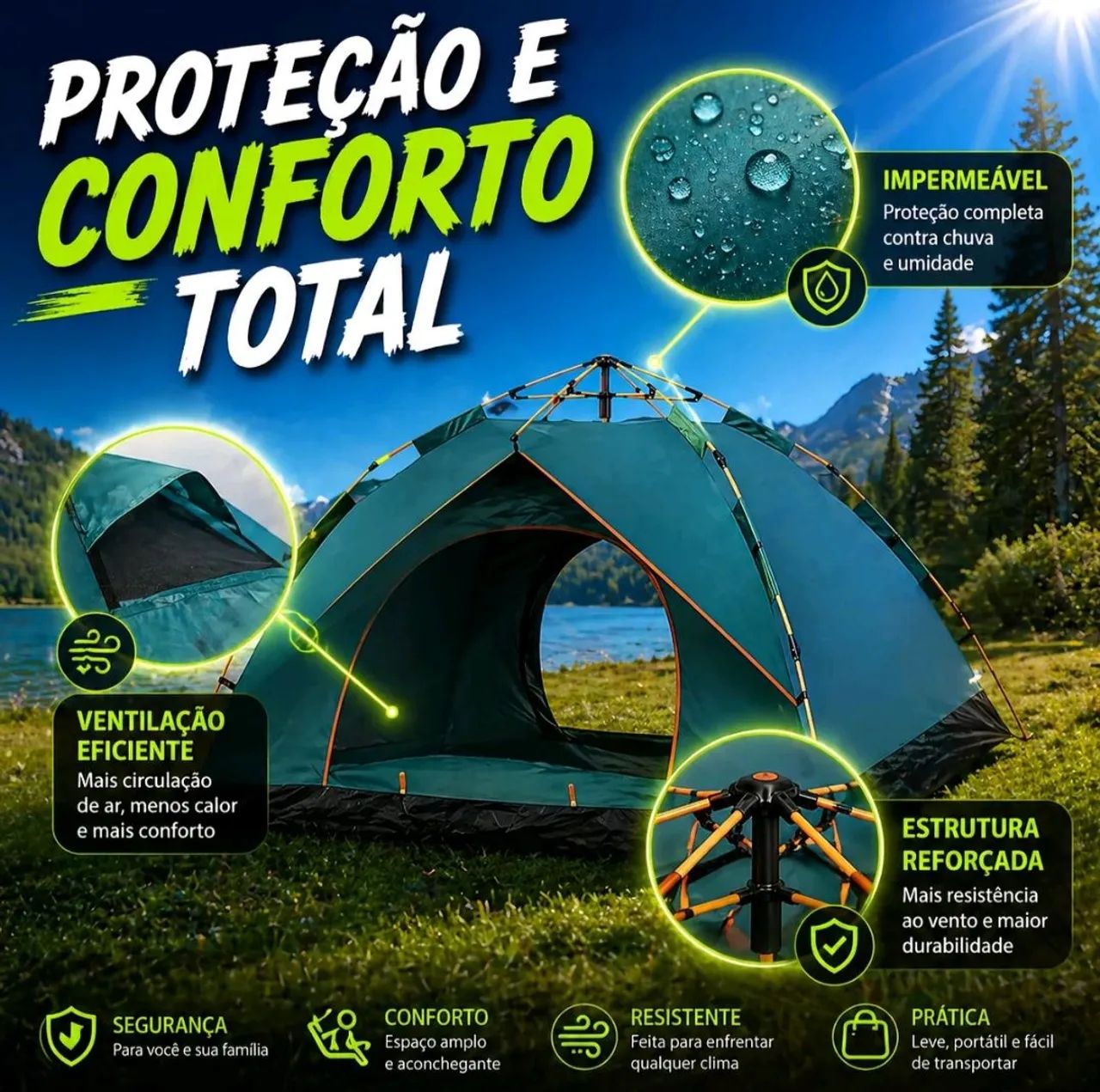 Barraca Automática para Camping Montagem Rápida Tecido Térmico Impermeável - Foto 4