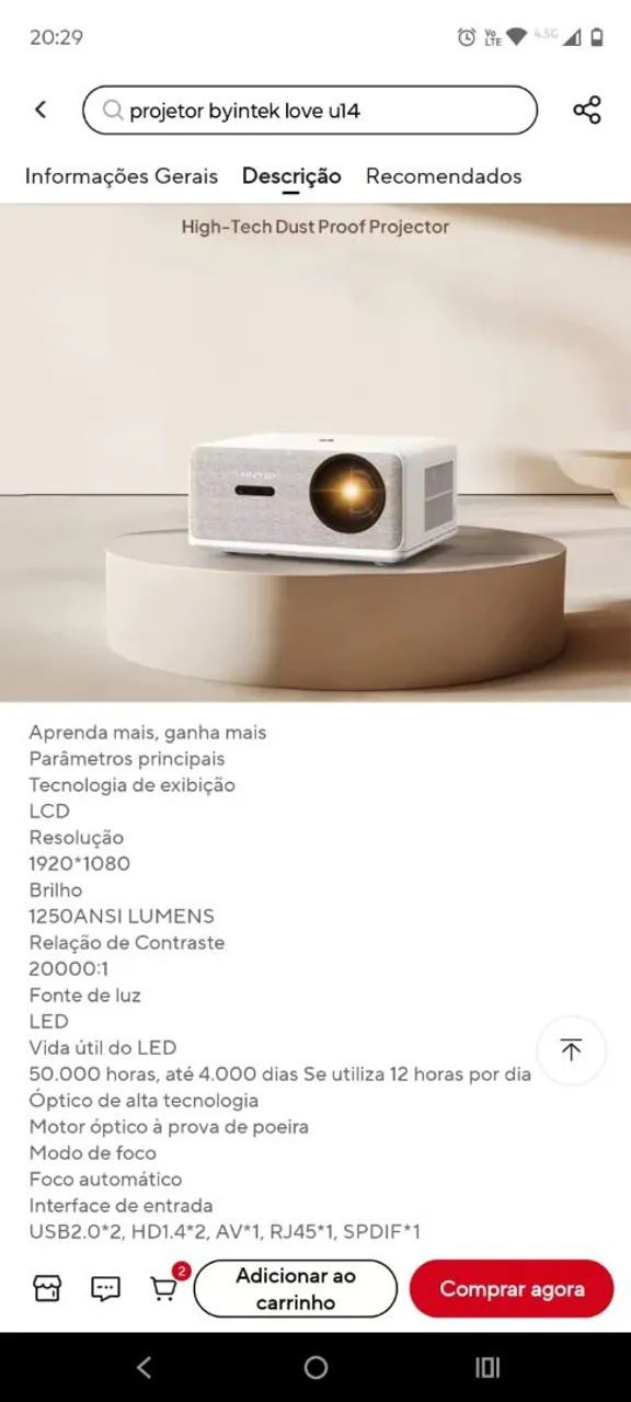 Projetor byintek love u14 