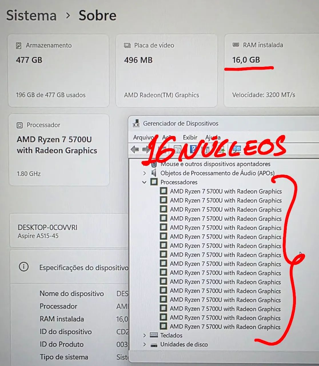 Notebook Acer Aspire 5,Ac Cart,AMD Ryzen 7 Série5700U(16 Núcleo)16GB, SSD Nvme512GB,WiFi 6 - Foto 3