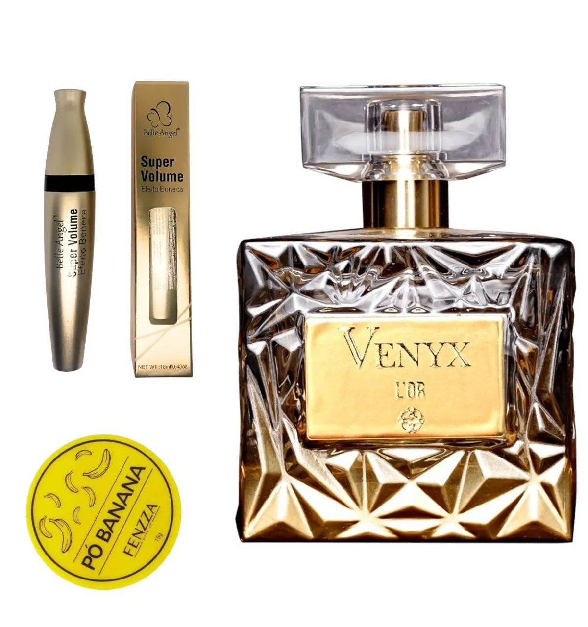Kit de Maquiagem: Máscara de Cílios + Pó Banana + Perfume Venyx