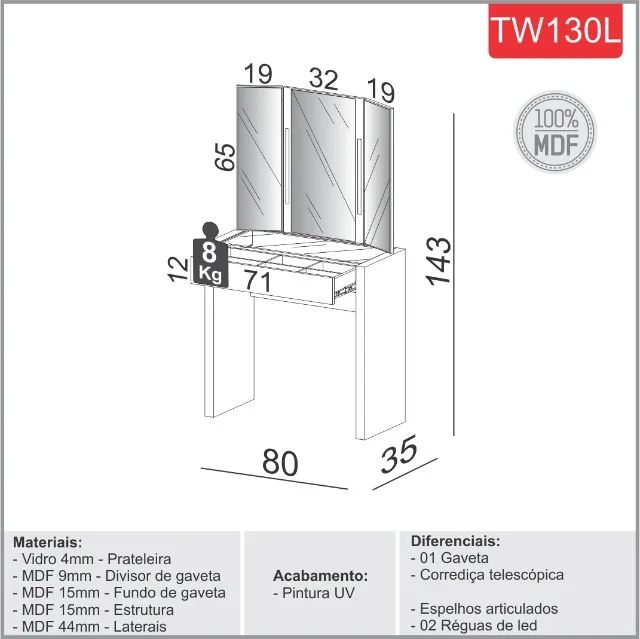 PENTEADEIRA ESPELHADA COM LED - Foto 3