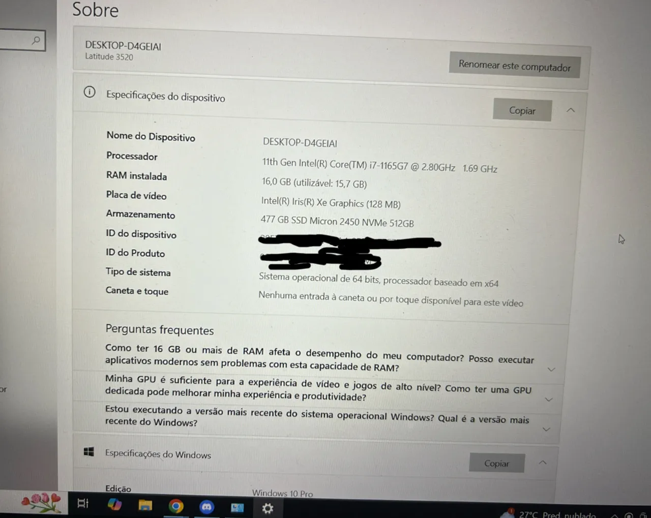 Notebook Dell Latitude 3520 i7 11ª Geração 16GB RAM