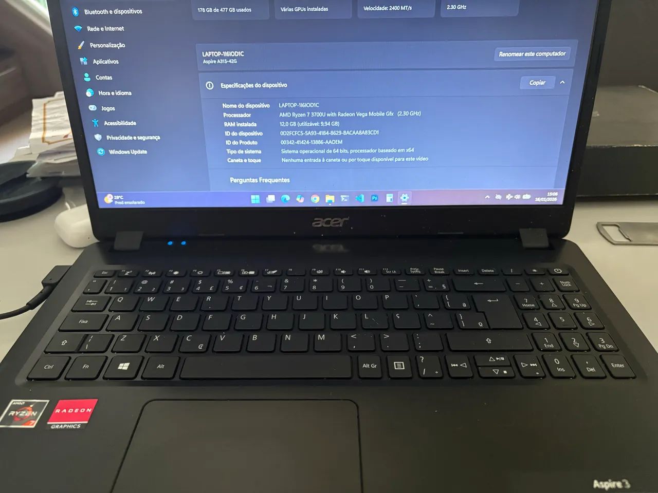 Notebook Acer Aspire 3 12gb - 512 ssd - Ryzen 7 + Radeon Vega GFX 4Gb - Foto 2