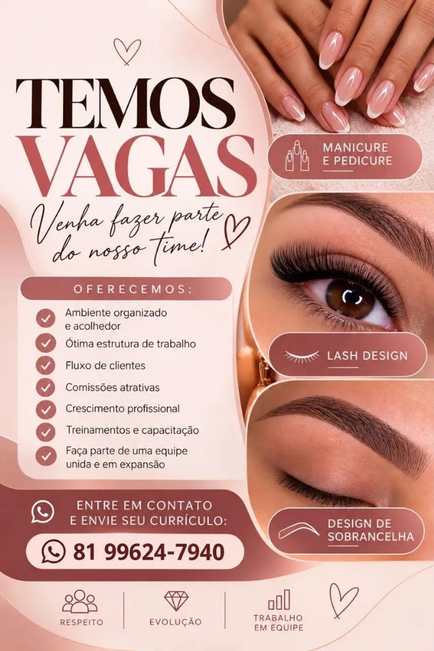 Preciso de manicure, lash e designer de sobrancelhas 
