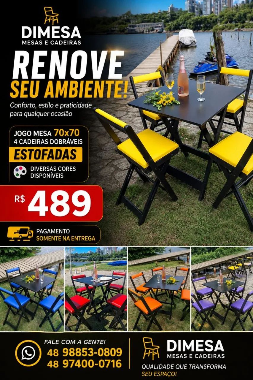 Jogo mesa 70x70 com 4 cadeiras dobráveis estofadas