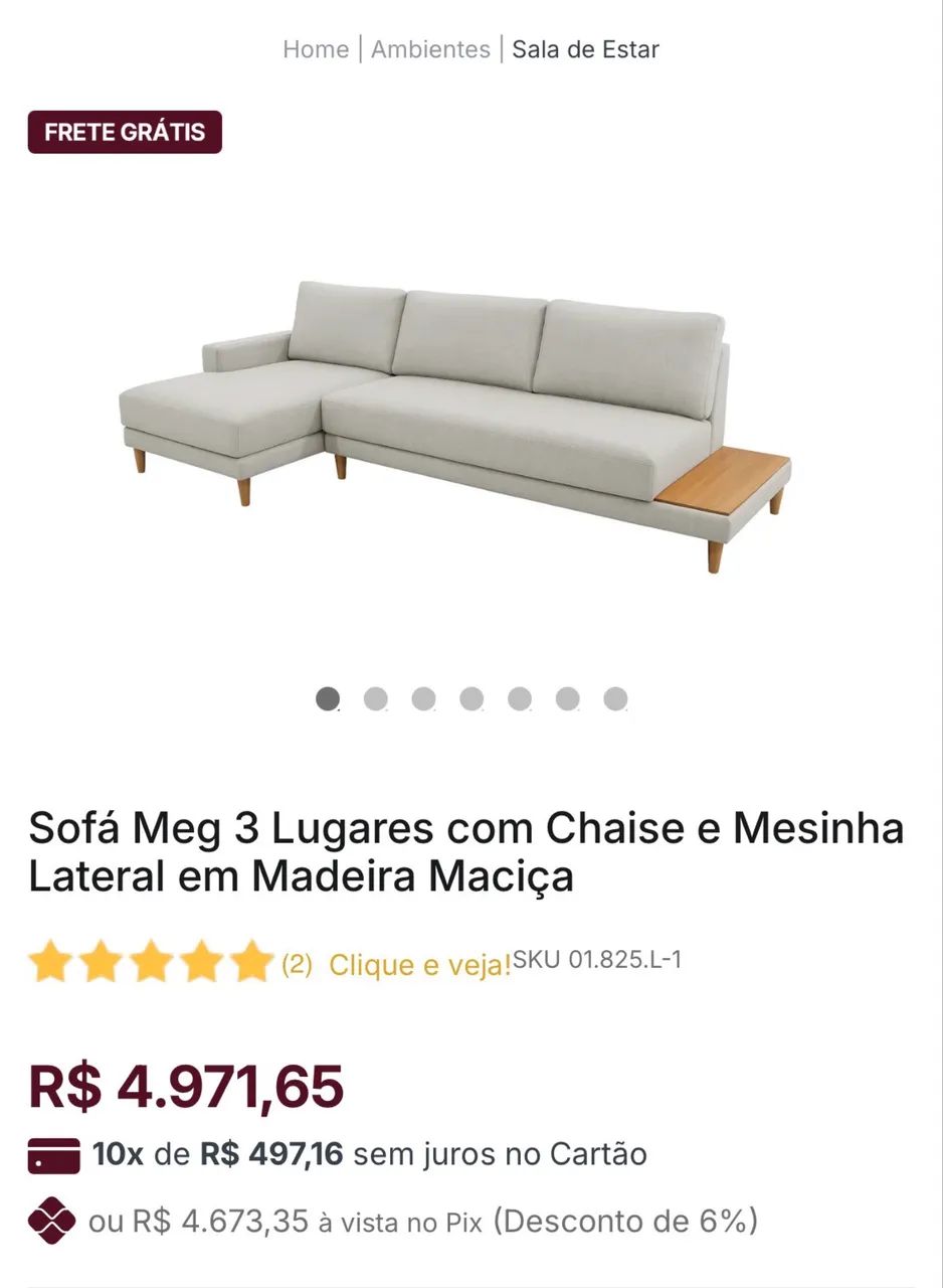 Sofá Meg 3 Lugares Com Chaise E Mesinha Lateral Madeira Mcç - Foto 4