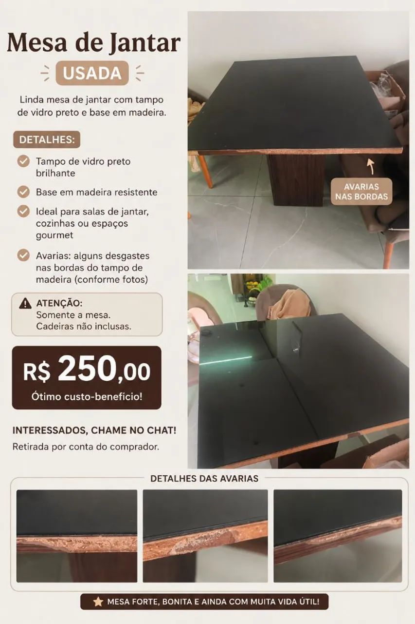 Mesa tampo de vidro seminova