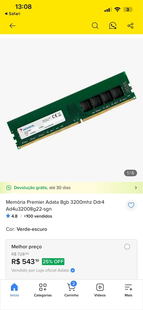 8gb ram 3200mhz ddr4 adata - Foto 2