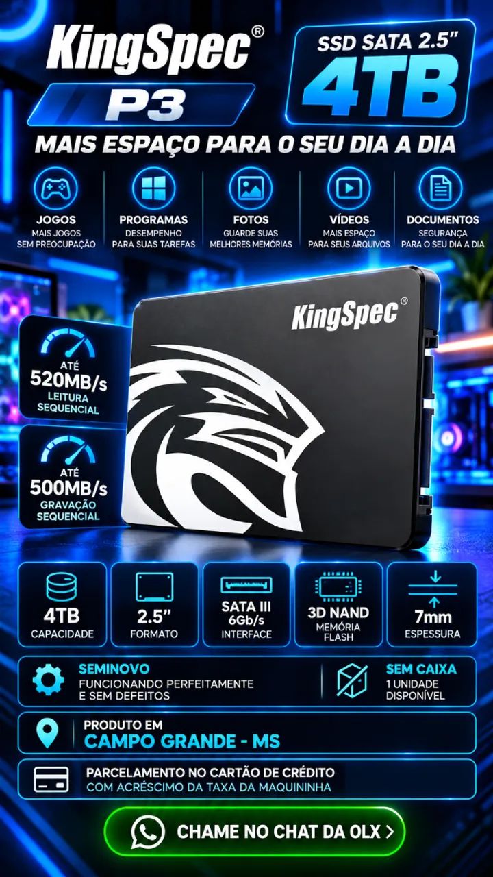 SSD KingSpec P3 4TB SATA III 2.5 Polegadas PC e Notebook
