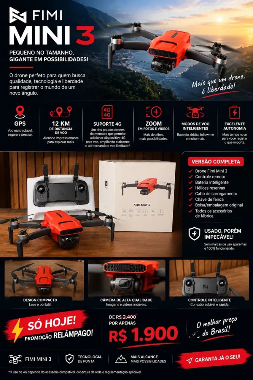 * ? FIMI Mini 3 Completo ? 12 km + GPS + 4G ? R$ 2.000 - Foto 2
