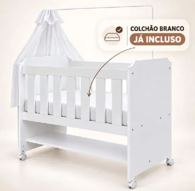 Mini Berço com colchão no plástico - Madeira Branca - Foto 3