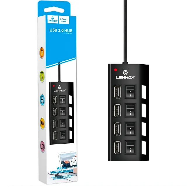 Hub USB 2.0 4 Portas com Botão Liga/Desliga e Entrada para Alimentação Externa