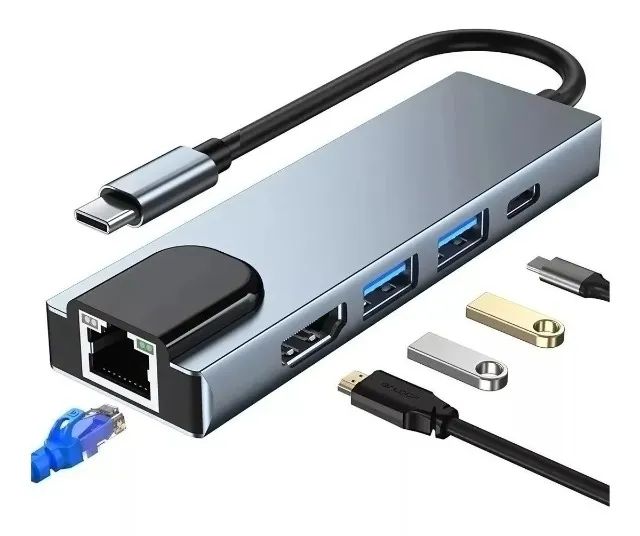Adaptador Hub Tipo-c 5 Em 1 / Hdmi, 2x Usb, Lan E Tipo-c - Foto 2