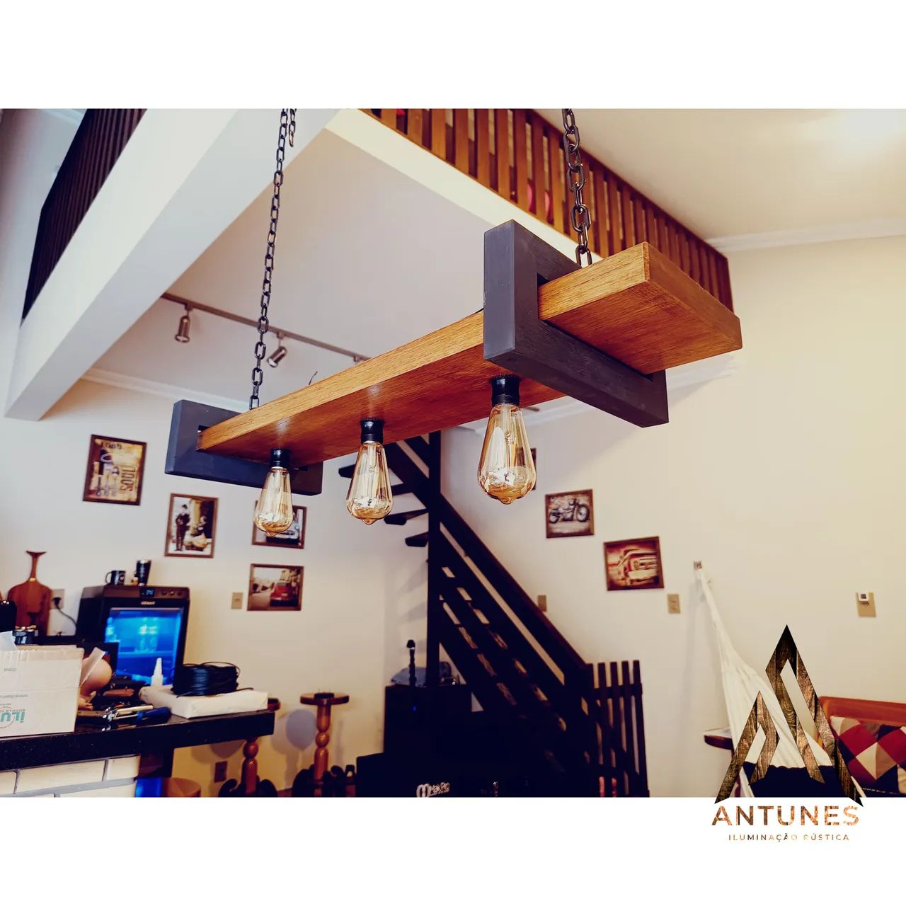 Lustre Pendente Rústico de madeira Maciça com 3 bocal