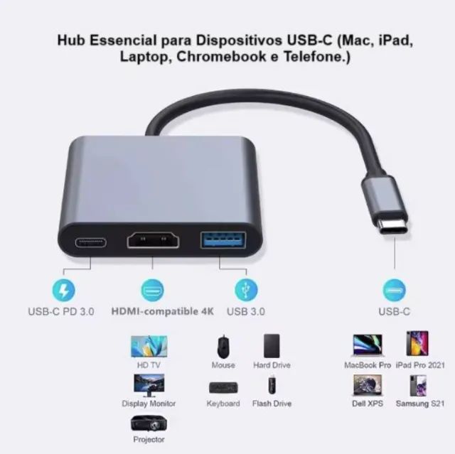 Hub adaptador tipo-c 3 em 1 4k - HDMI, USB 3.0 E TIPO C 3.1. - Foto 2