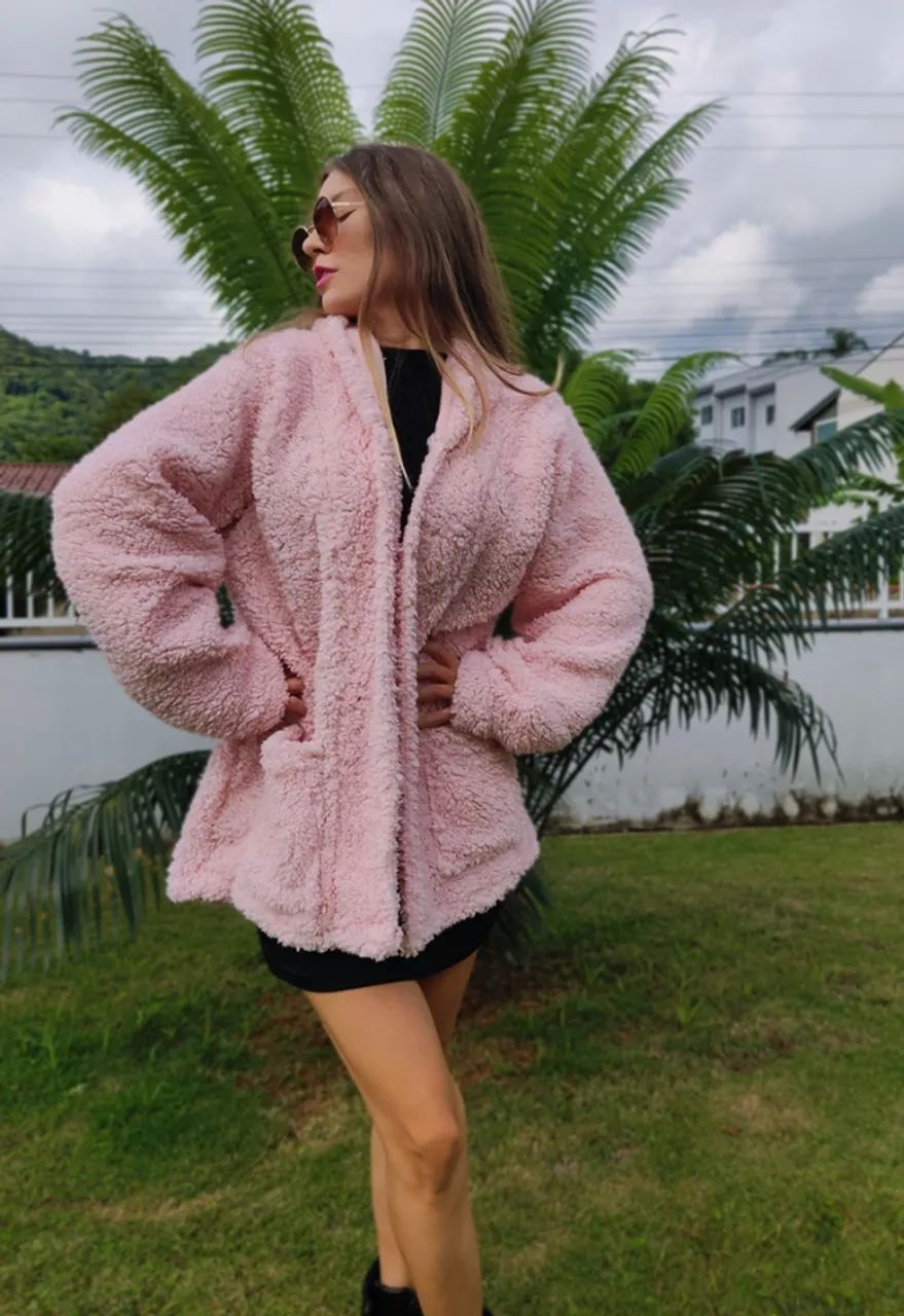 sobretudo feminino casaco teddy rosa