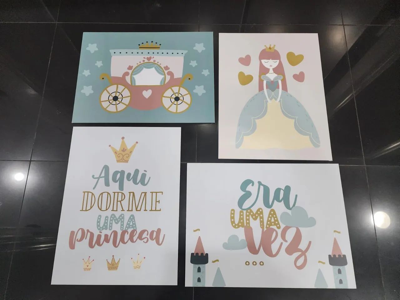 Kit 4 quadros decoração quarto de menina  Princesa - 