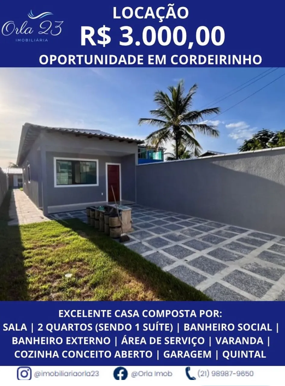 CORDEIRINHO! ORLA 23 IMOBILIÁRIA ALUGA! OPORTUNIDADE!