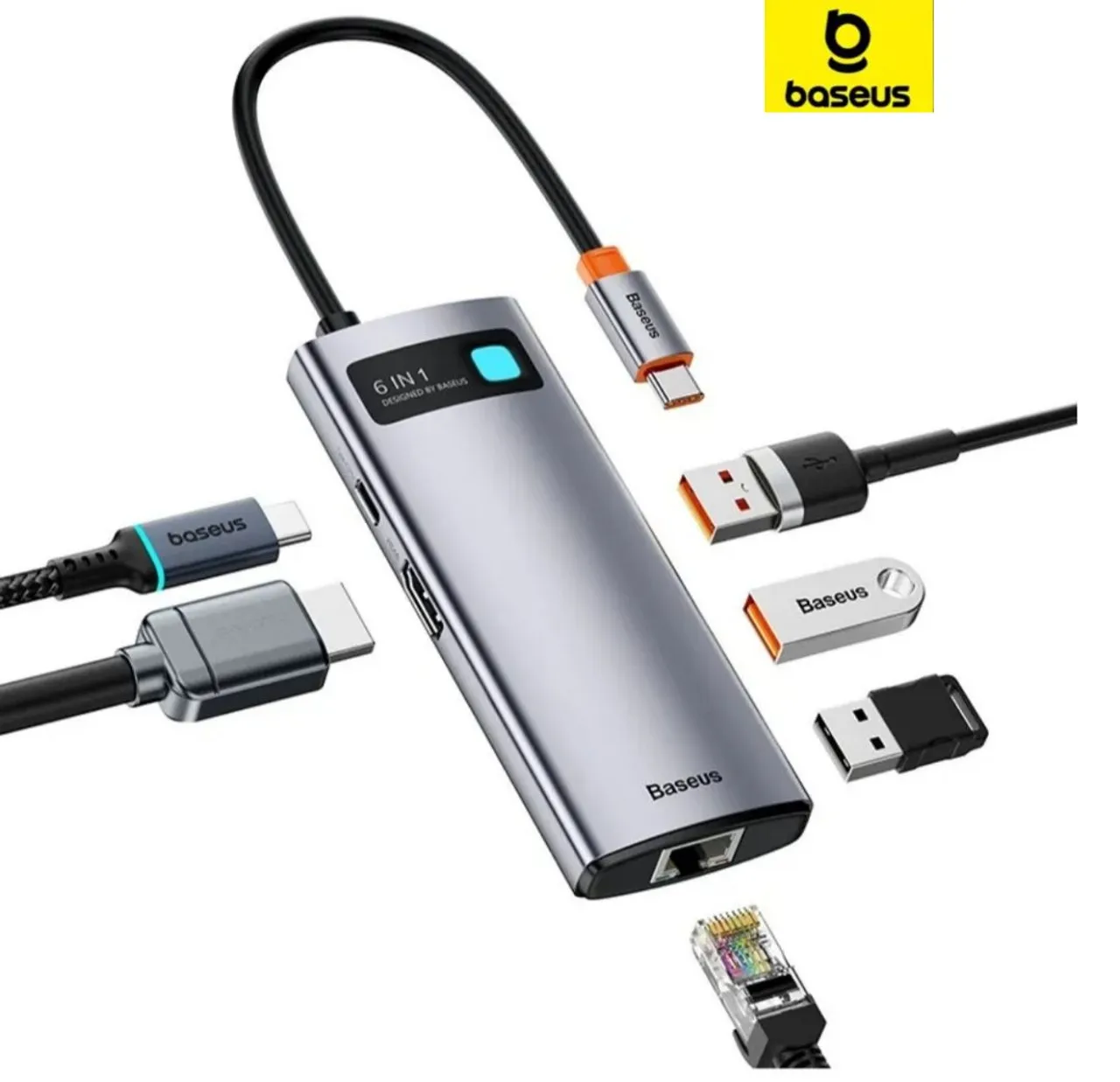 Hub USB-C Baseus 6 em 1 HDMI 4k Rj45 P/ Macbook