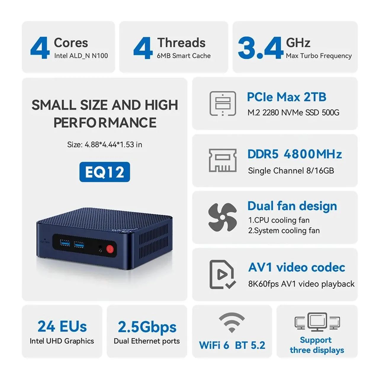 Beelink Mini Pc EQ12, 16gb RAM DDR5, NVME 512gb, Processador Intel