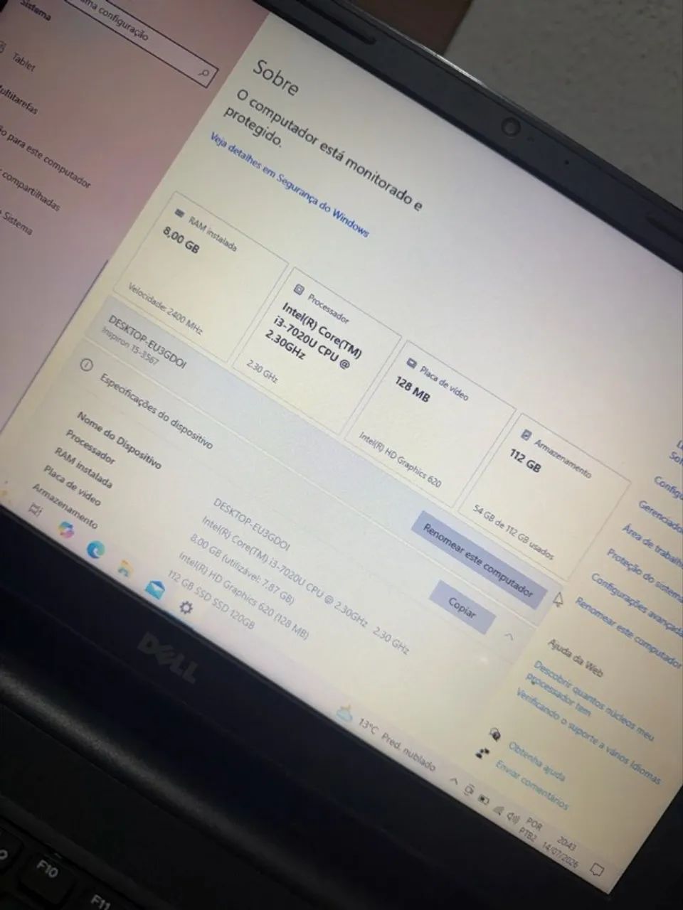 Notebook Dell 15 Polegadas - i3 7 geração - 8GB Ram - SSD 120GB - Foto 2