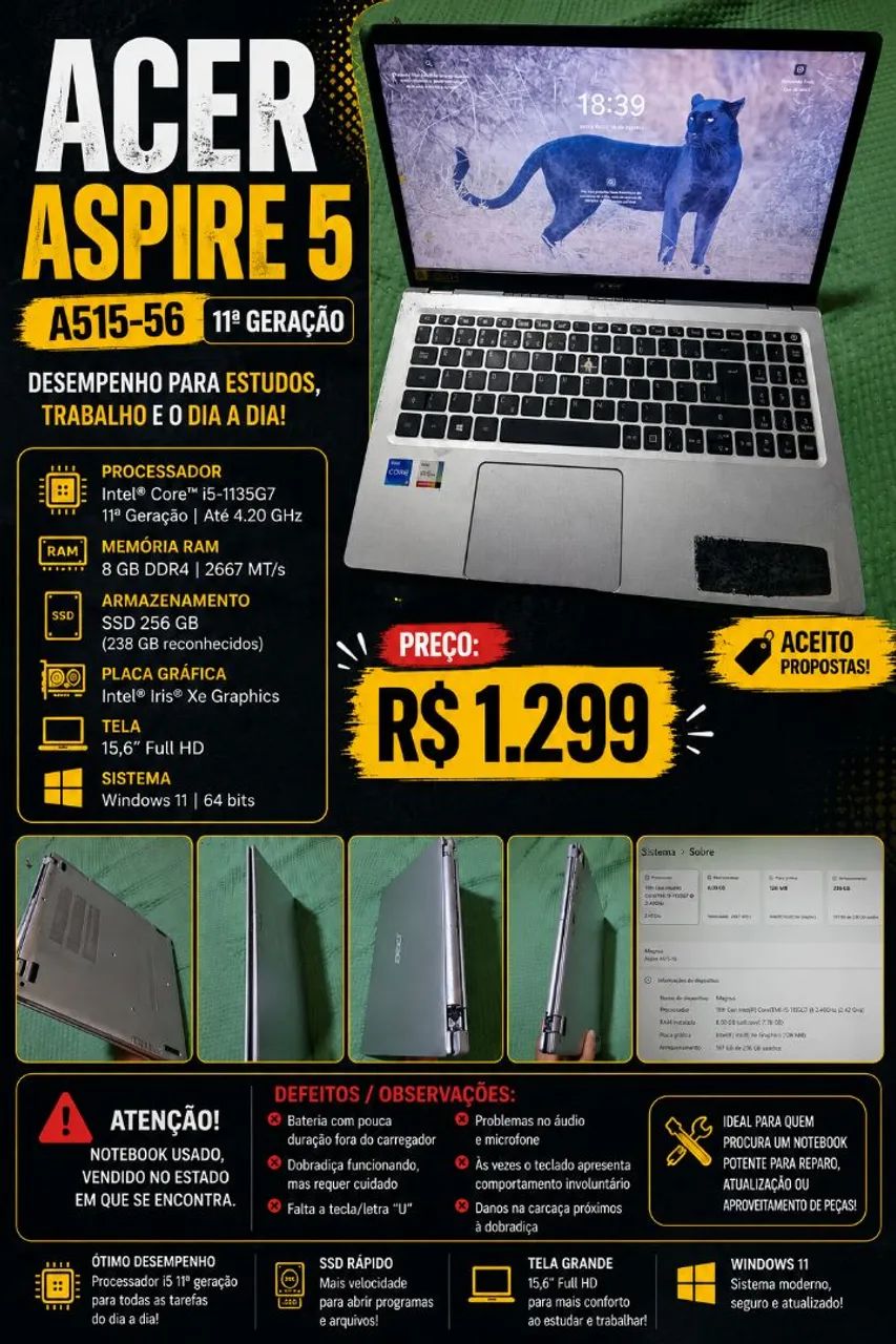 NOTEBOOK ACER ASPIRE 5 À VENDA!
