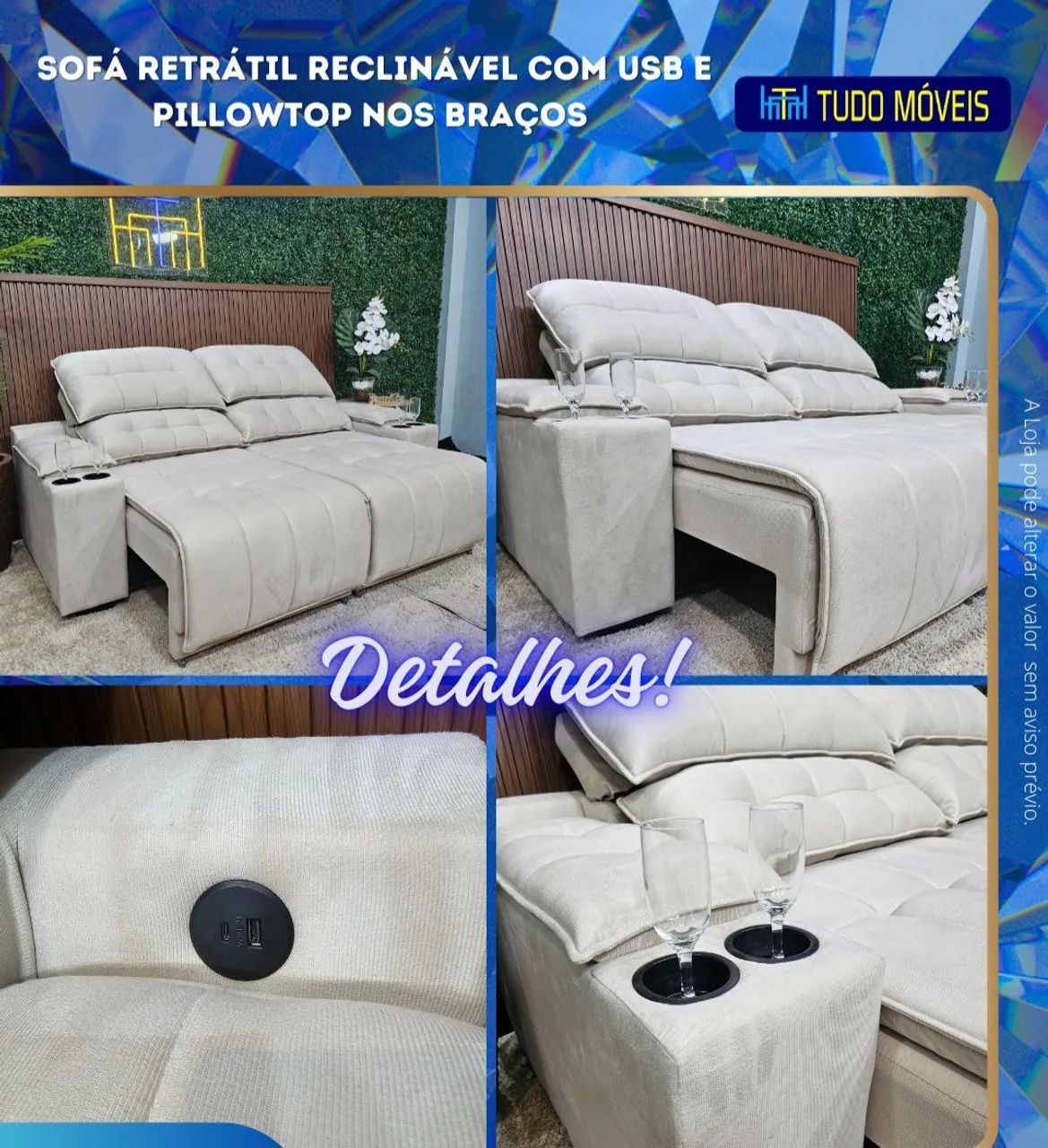 SOFA RETRÁTIL E RECLINÁVEL COM PORTA-COPOS E ENTRADA USB INTEGRADO - Foto 3