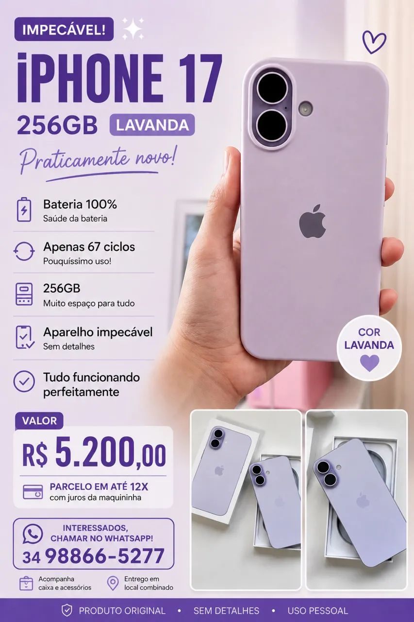 Vendo iPhone 17 256gb cor Lavanda