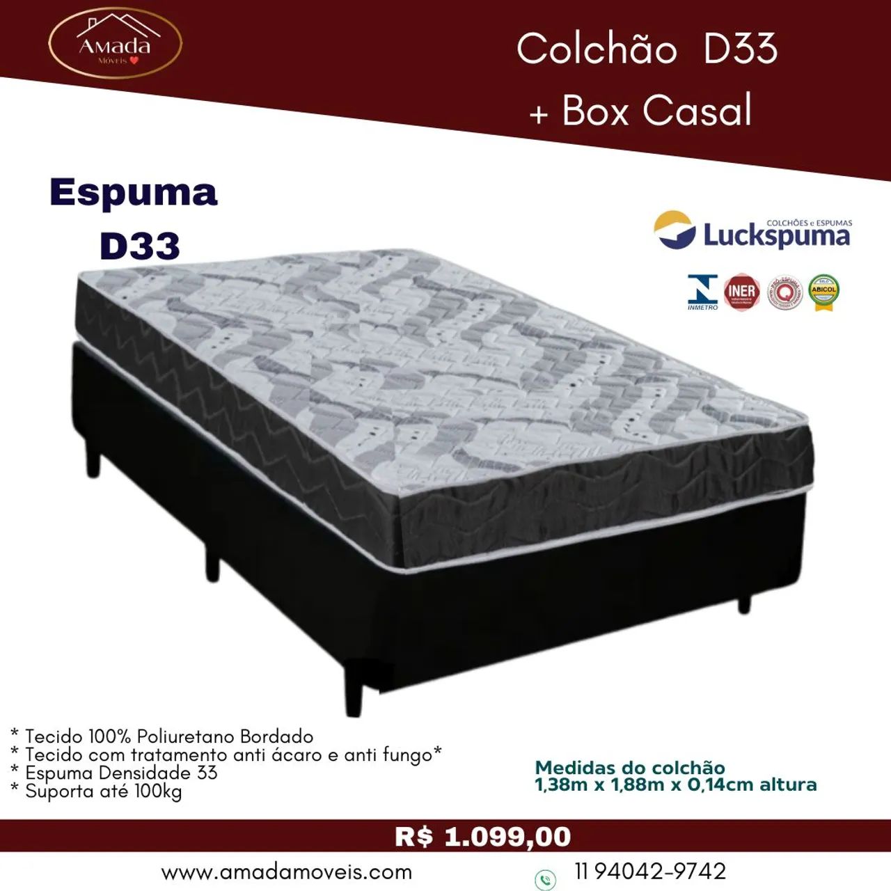 Conjunto colchão casal D33 com base box , à pronta entrega 