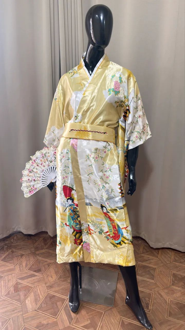 kimono longo amarelo estampado único - Foto 3