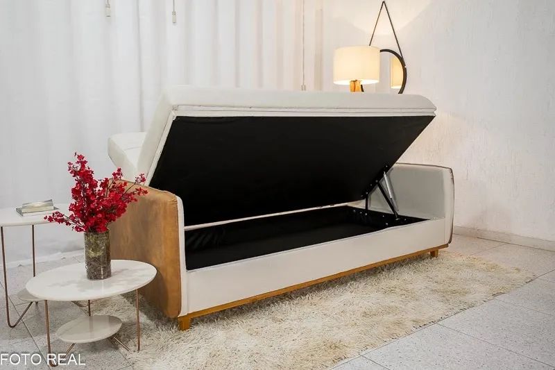 Sofá Cama com Baú Linho Bege rf321 - Foto 3
