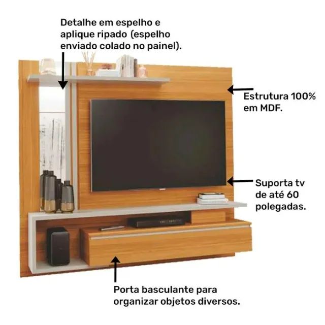 **"Beleza e Modernidade: Painel com Espelho e Detalhe Ripado para TV até 60?" - Foto 2