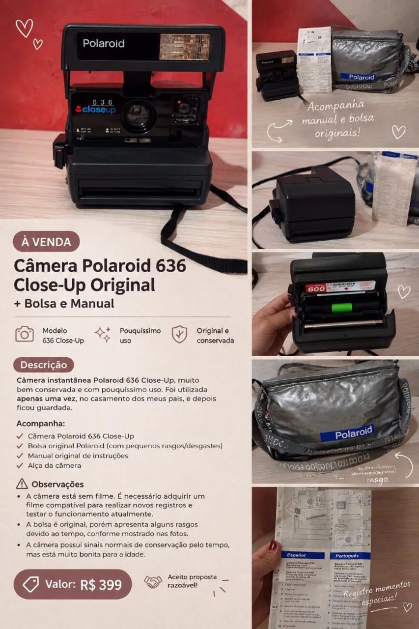 **Câmera Polaroid 636 Close-Up Original + Bolsa e Manual