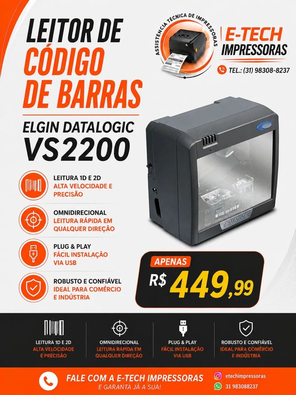 LEITOR FIXO DE CÓDIGO DE BARRAS DATALOGIC VS2200