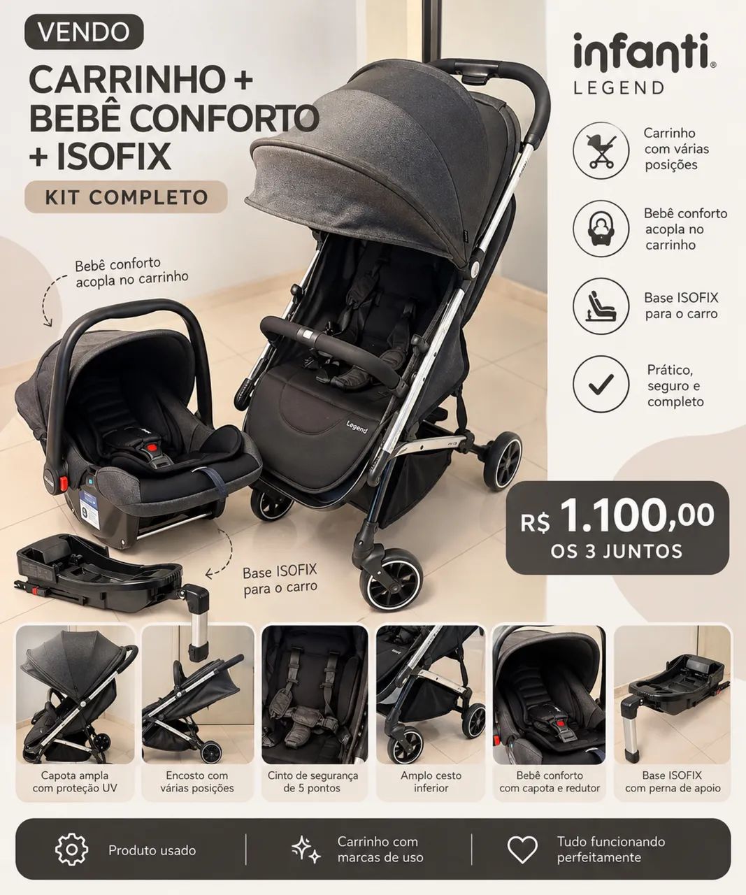 Carrinho de bebê+ isofix e bebê conforto 