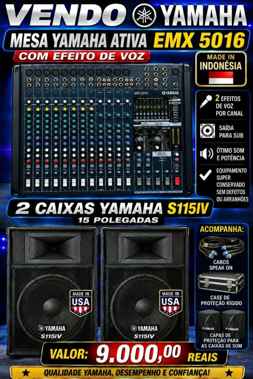 Mesa de som Yamaha ativa + Par de caixas Yamaha 15 polegadas 