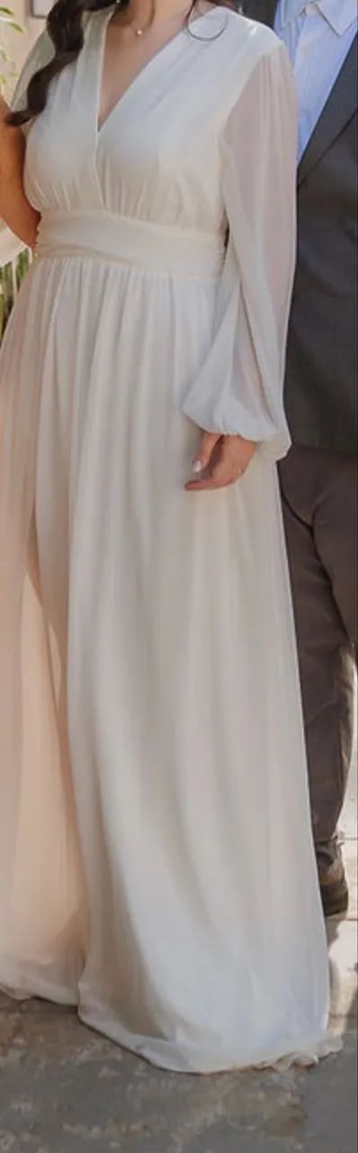 Vestido off white longo decote em V - Foto 3