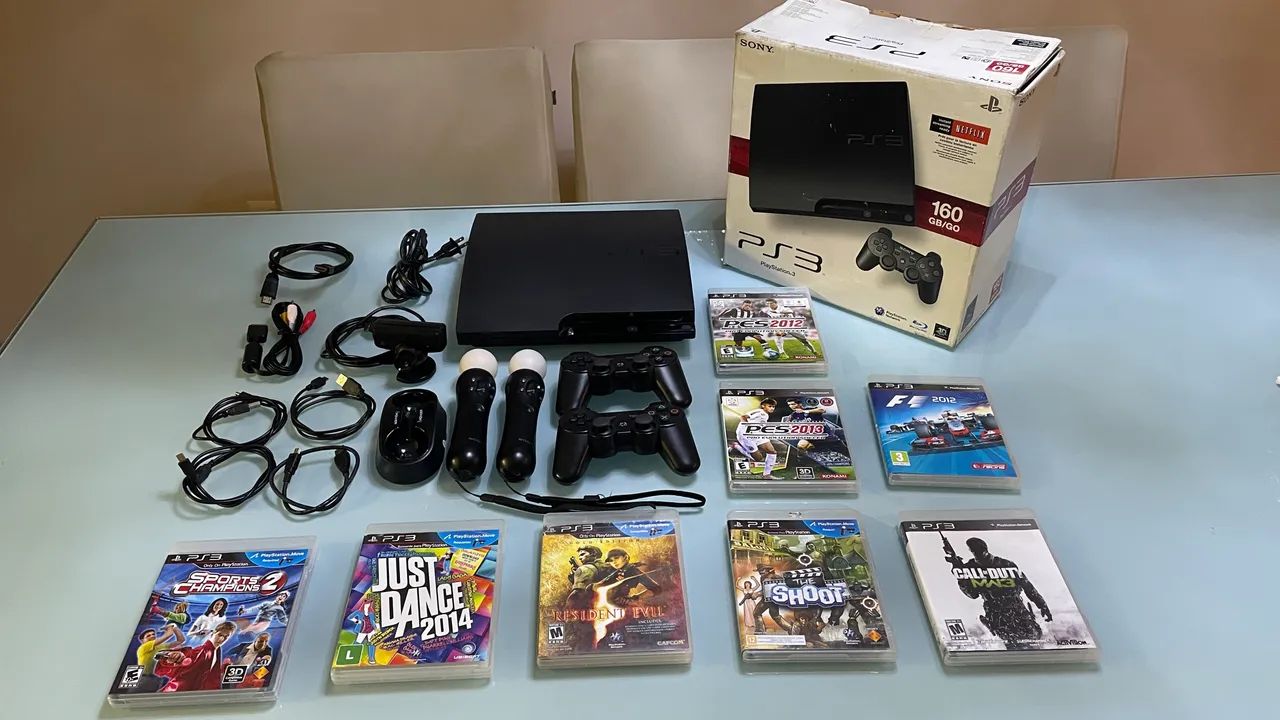 Ps3 Slim 160gb + 8 Jogos + 2 Ps Move + 1 Base De Carregamento + 2 Controles