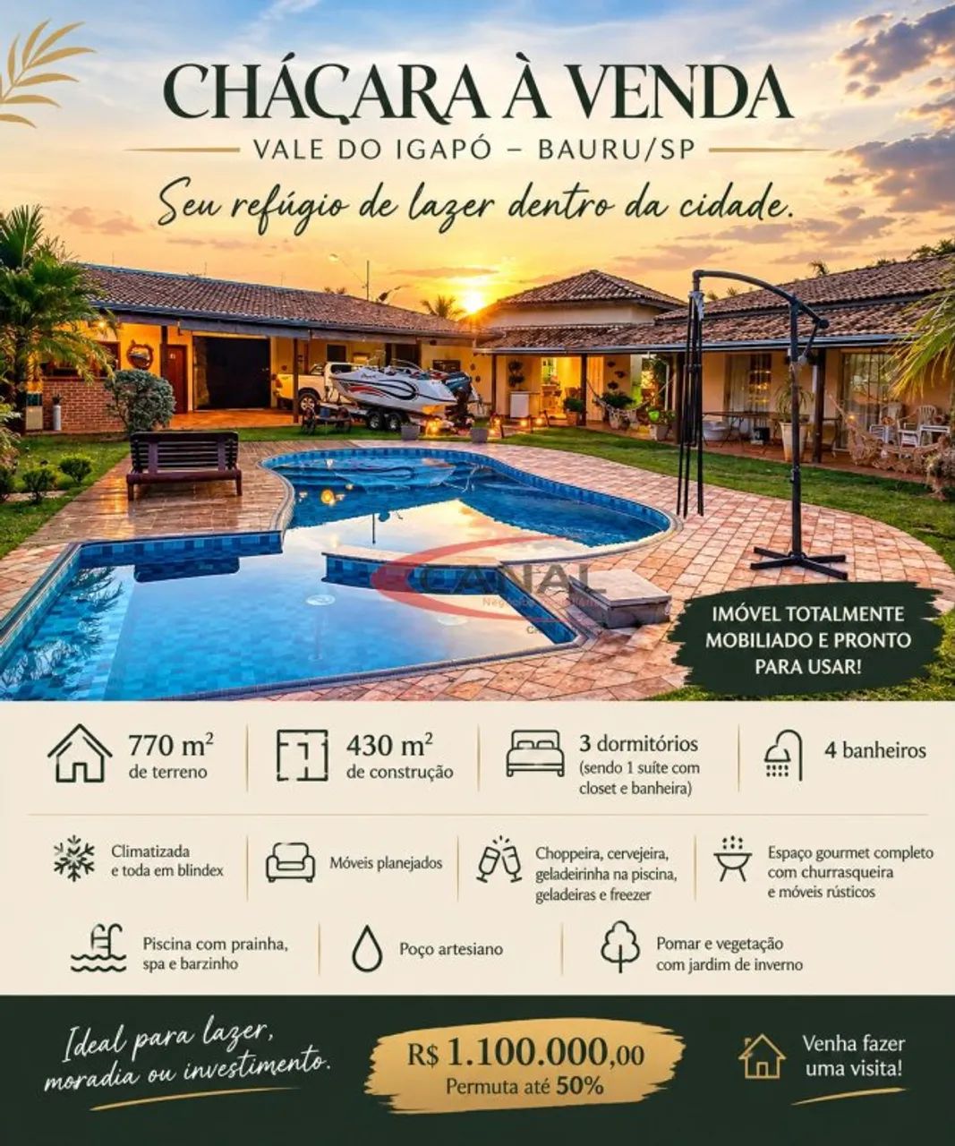 Chácara para venda com 770 m² e 3 quartos em Vale do Igapó, Bauru - SP