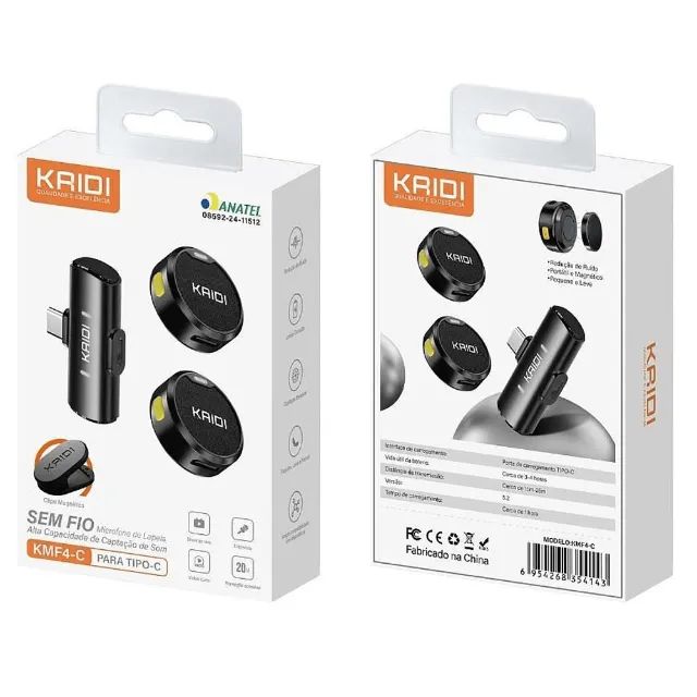 Microfone De Lapela Magnetico S/ Fio Tipo C Kaidi - Kmf4-c Preto