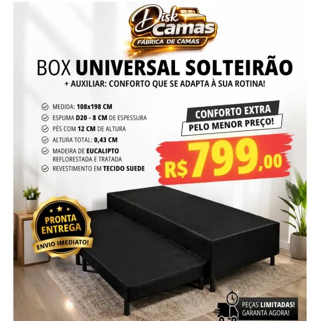 Cama box universal solteirão 108x198 com auxiliar espuma D20. Praticidade e conforto!