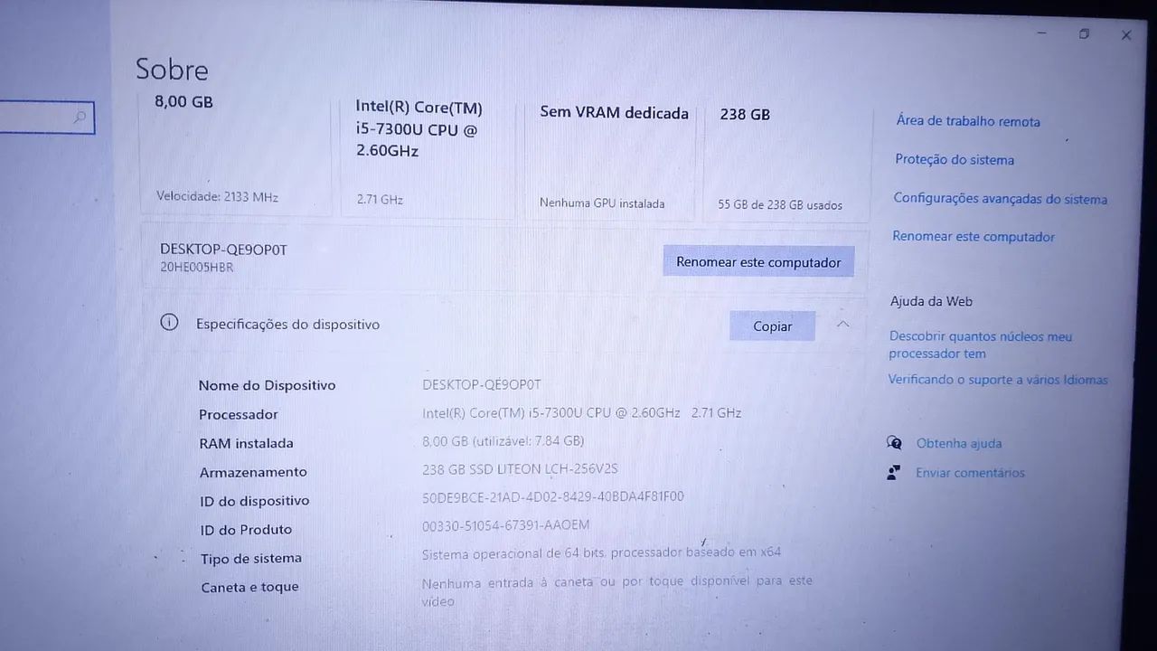 Notebook ThinkPad I5 8GB SSD 240