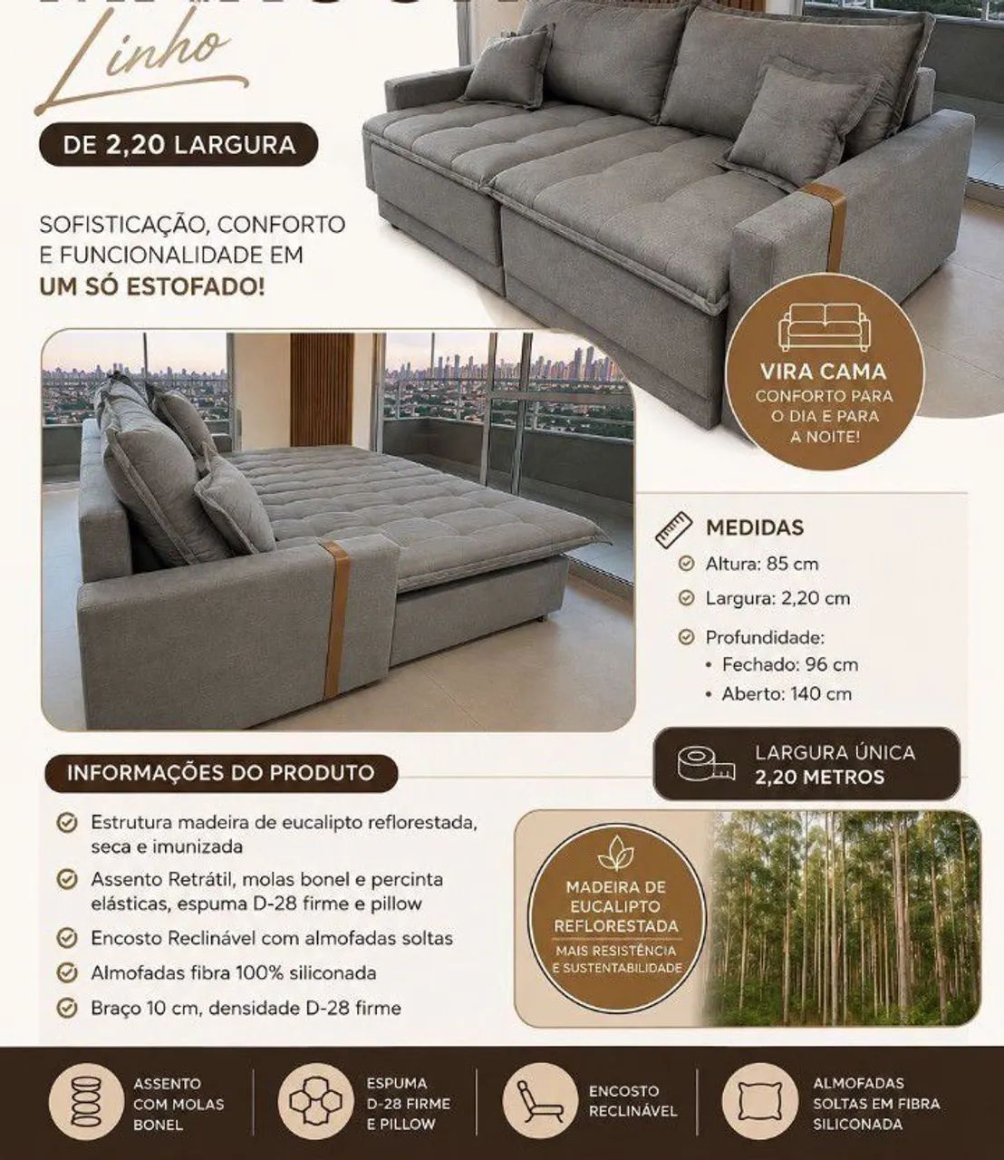 Sofá cama de luxo no Tecido Linho e molas no assento  - Foto 2