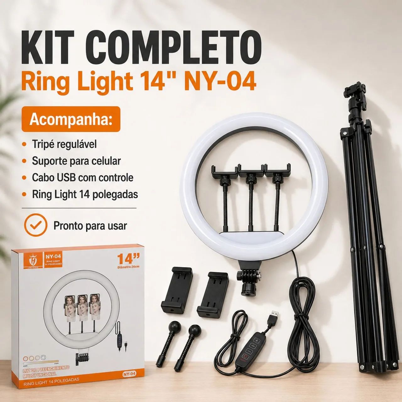Ring Light 14? NY-04 com Tripé e Suporte para Celular - Completo - Foto 2