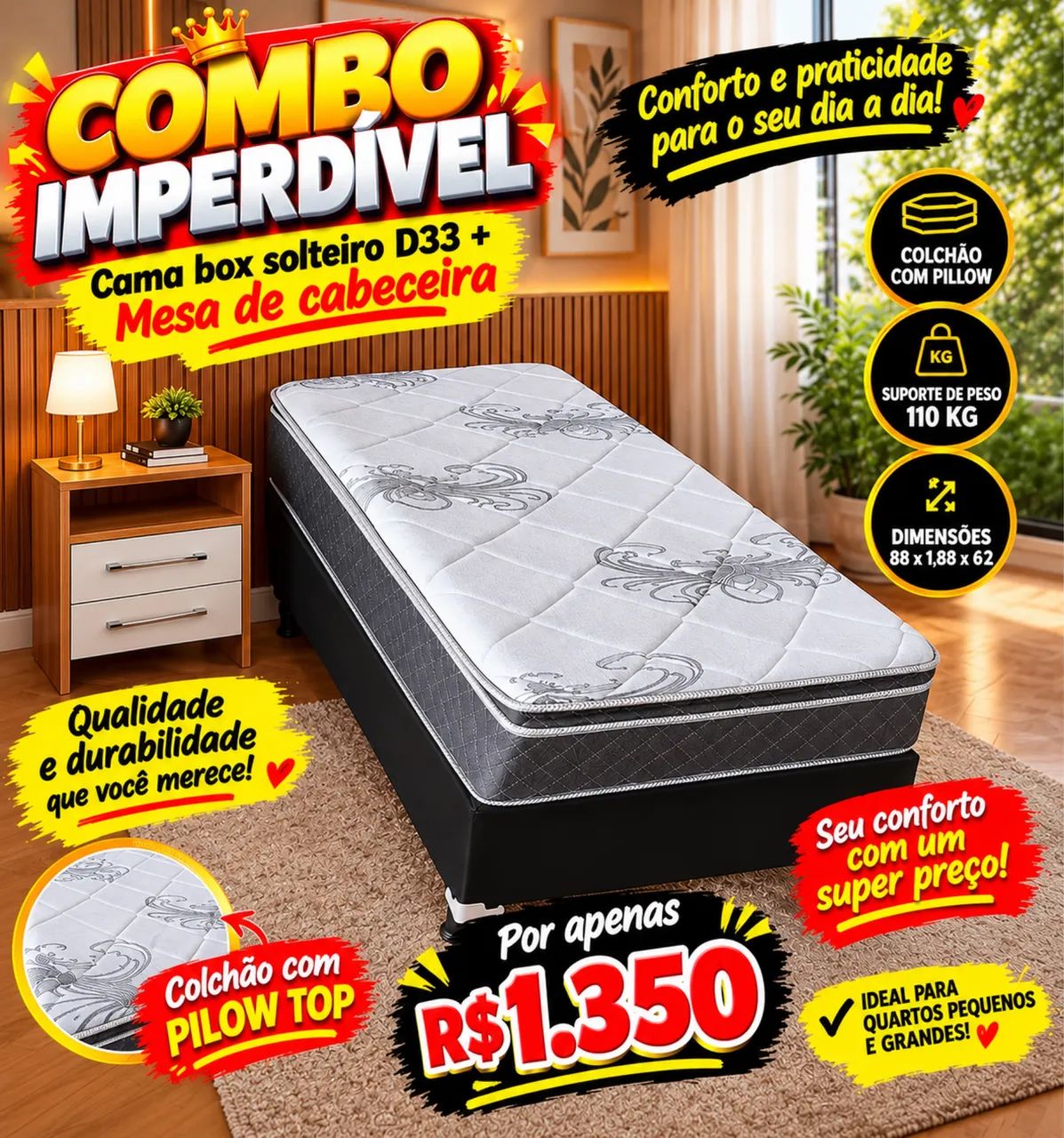 Cama box solteiro + mesa de cabeceira 