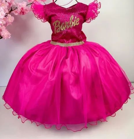 Vestido Infantil meninas Barbie rosa aniversário temático - LUXO