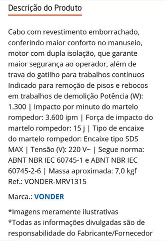 Martelo Rompedor 15 Joules - VONDER-MRV1315N - Foto 2