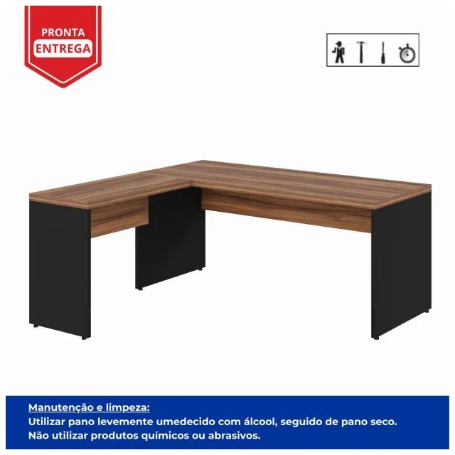 Mesa Escritório em L 1,70m + Mesa Auxiliar Sem Gavetas Nogal Sevilha Preto Modelo 21478